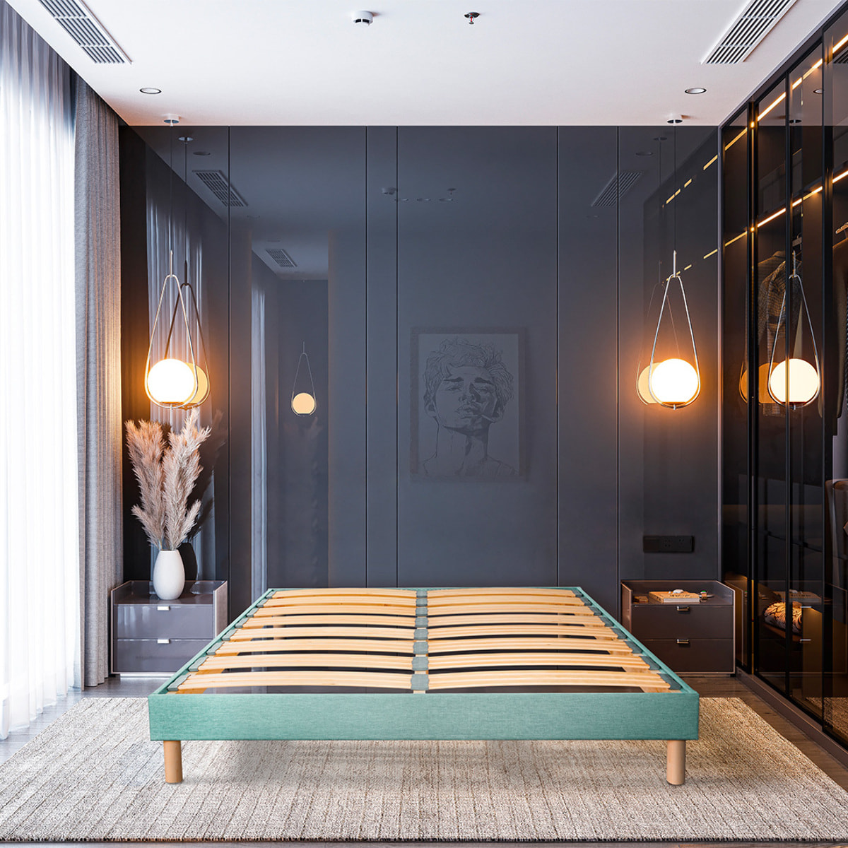 Sommier Lumière Technologie Tri-Lattes, tissu vert pastel, Bois Épicéa, H30 cm, Lattes Actives, Aération Optimale