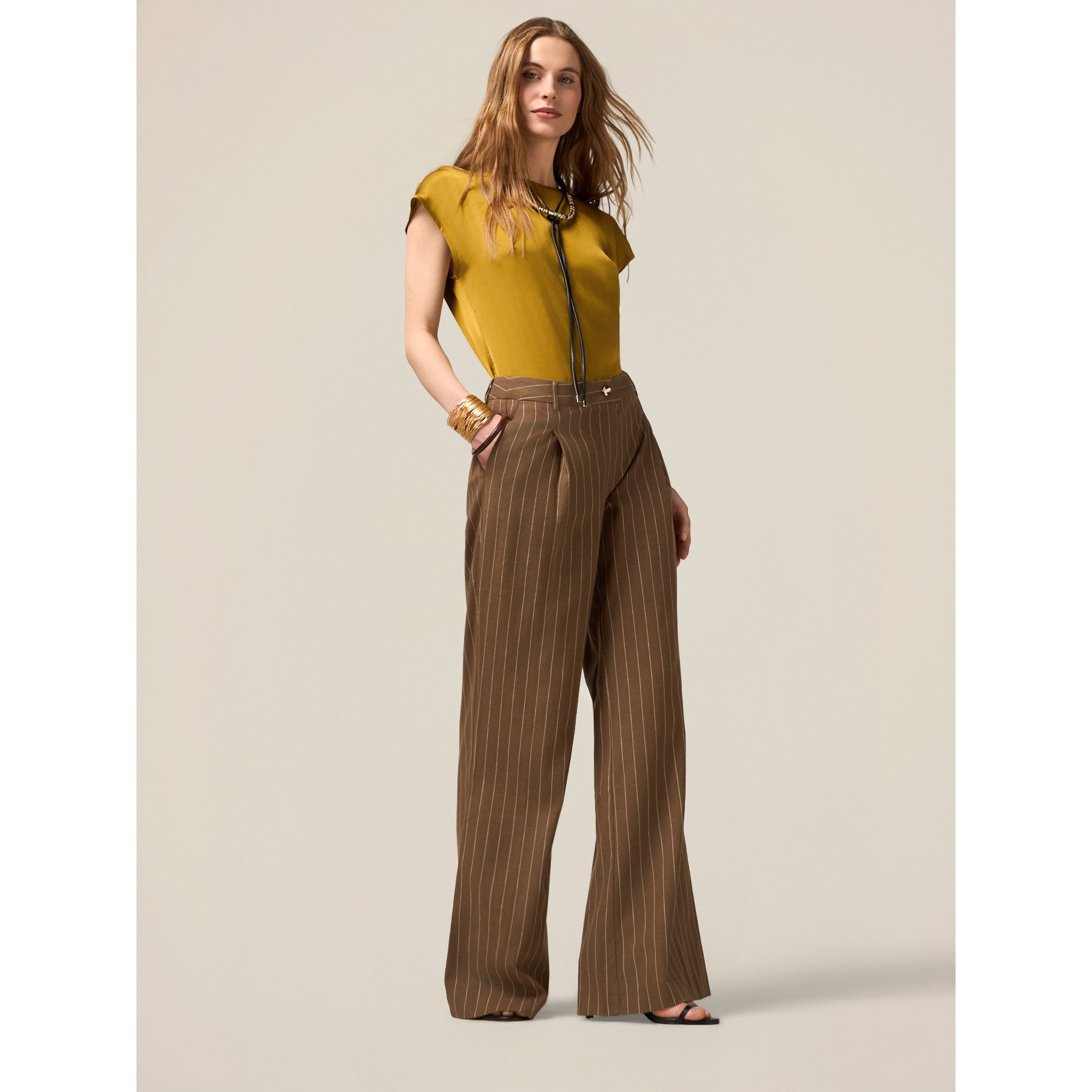 Oltre - Pantalones palazzo mezcla de lino - Verde militare