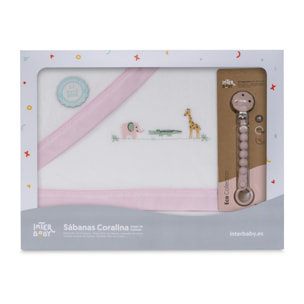 Triptico Cuna Coralina Modelo Savanna Jirafa + Broche Bco/Rosa