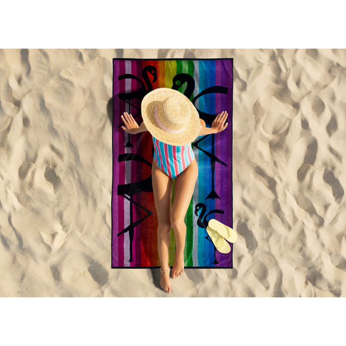 Telo Mare Spugna Jacquard Spiaggia Disegno Multicolor Flamingo