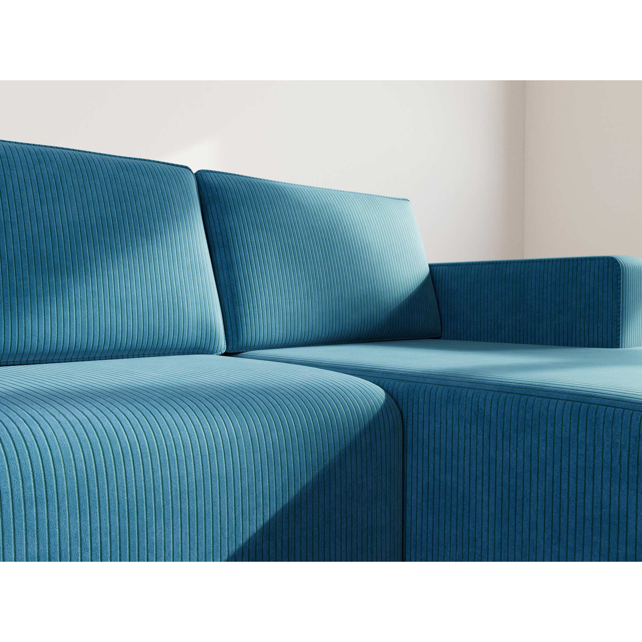 Topaze - canapé d'angle droit 4 places convertible avec coffre en velours côtelé - Bleu