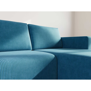 Topaze - canapé d'angle droit 4 places convertible avec coffre en velours côtelé - Bleu