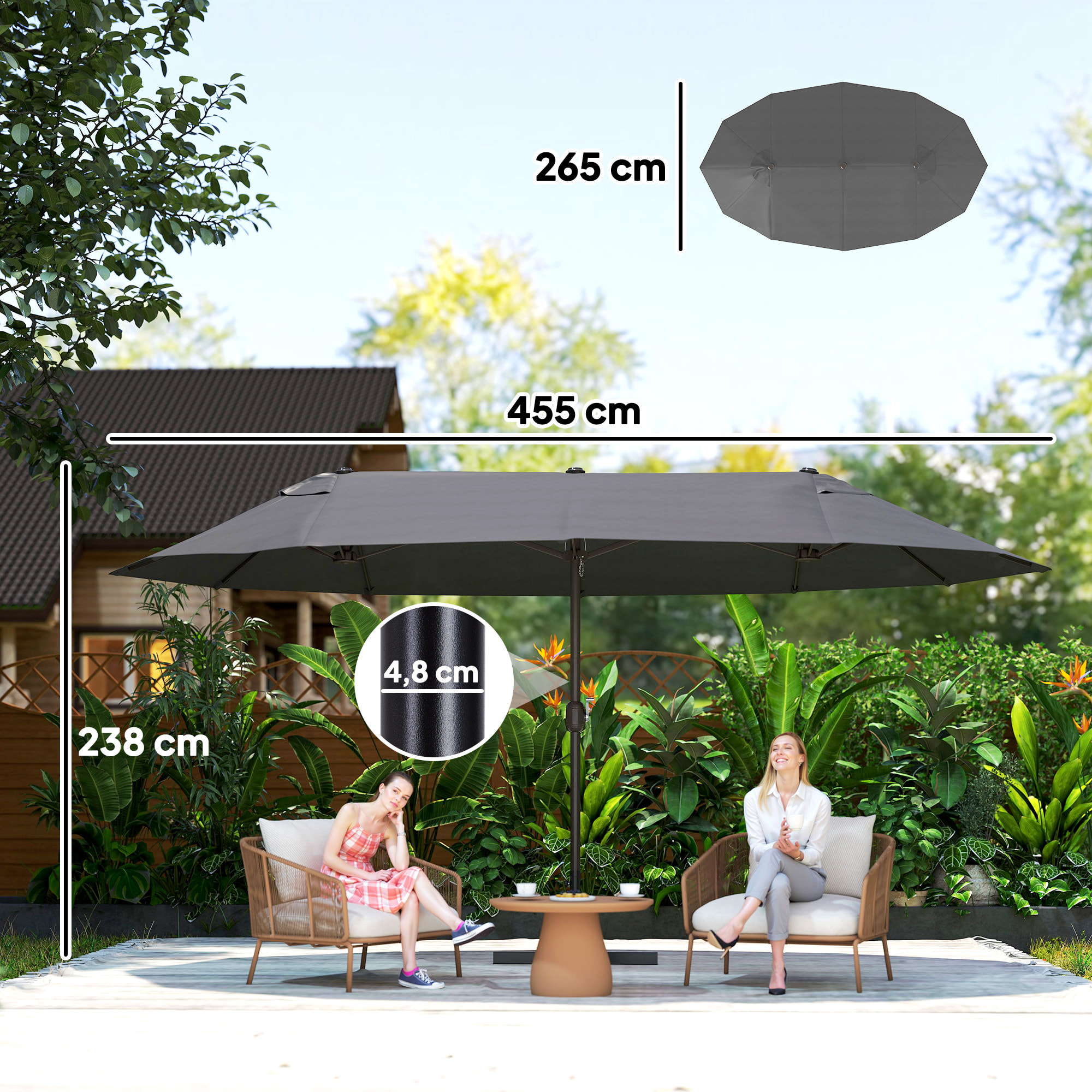 Parasol de jardin XXL parasol grande taille 4,6L x 2,7l x 2,4H m ouverture fermeture manivelle acier polyester haute densité gris