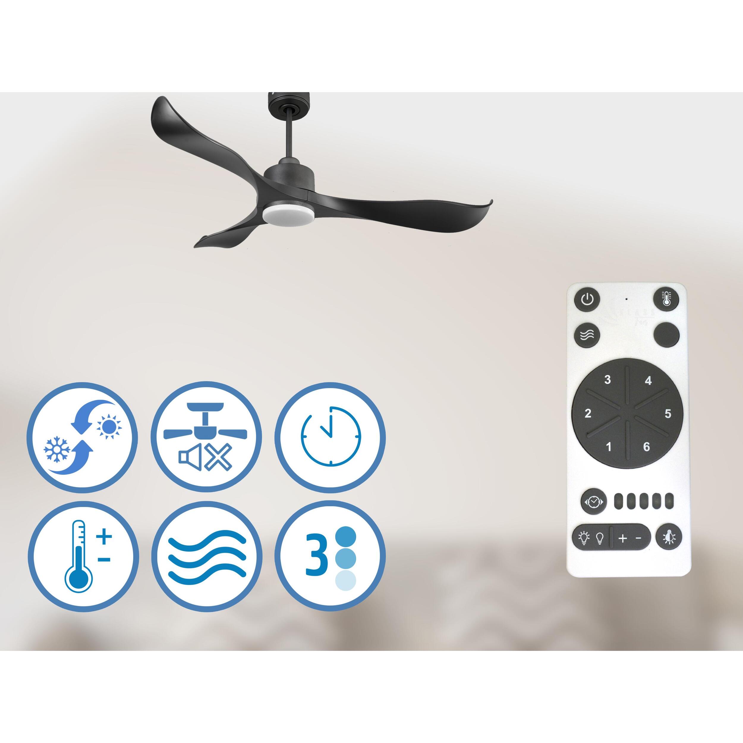 Ventilateur de plafond Réversible  Thermostat Dimmable Wifi Moteur à courant continu Toits en pente Télécommande Lumière à trois tons Adaptateur 2/3 Lames