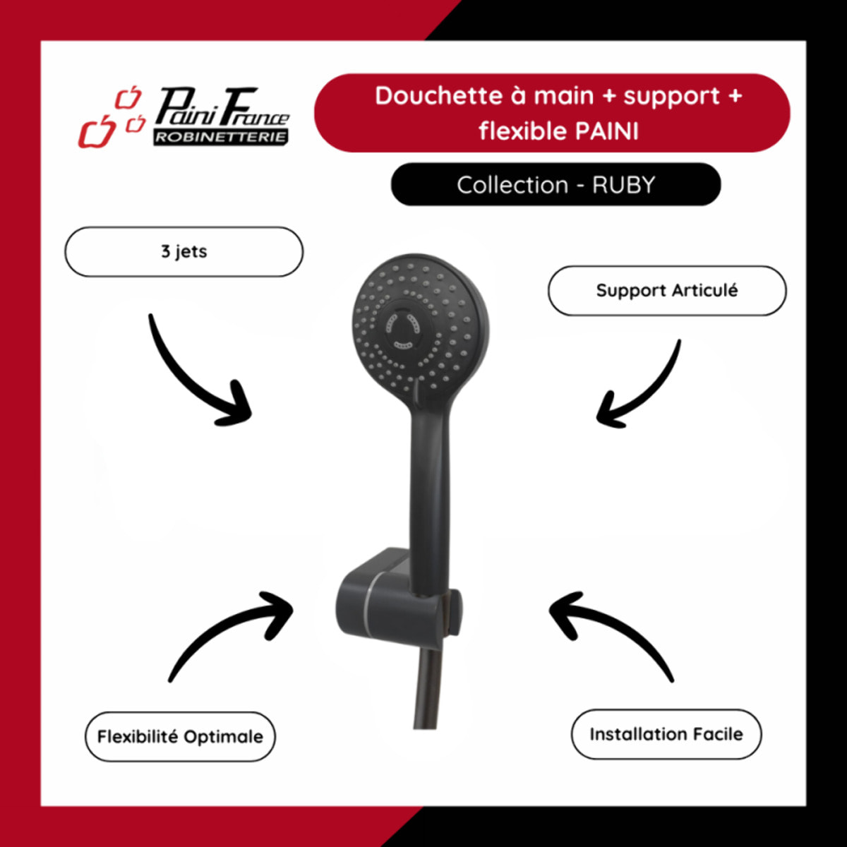 Pommeau de douche + support + flexible PAINI Ruby Rond Noir Mat