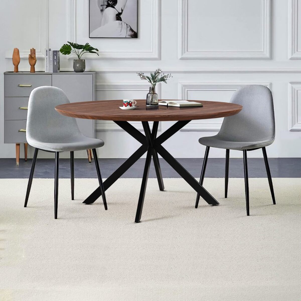 Tavolo tondo 140 cm con top effetto noce e gambe nere - Exten