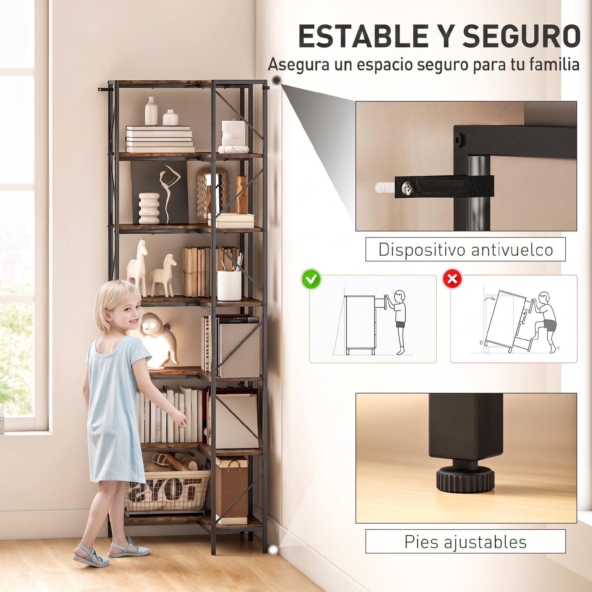 Estantería de Esquina de 7 Niveles, en Forma de L, Estantería Industrial, para Dormitorio, Salón, Estudio u Oficina, 60x60x198 cm, Marrón Rústico