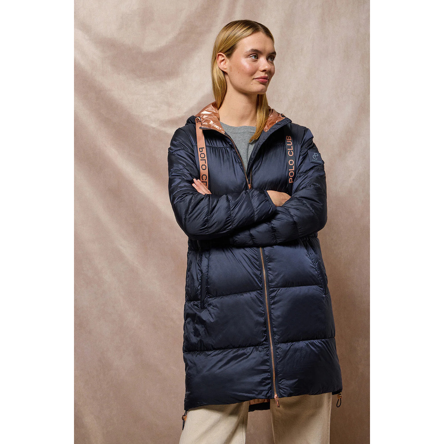 Giacca blu marino Rose lunga e trapuntata con cappuccio fisso e particolari Polo Club