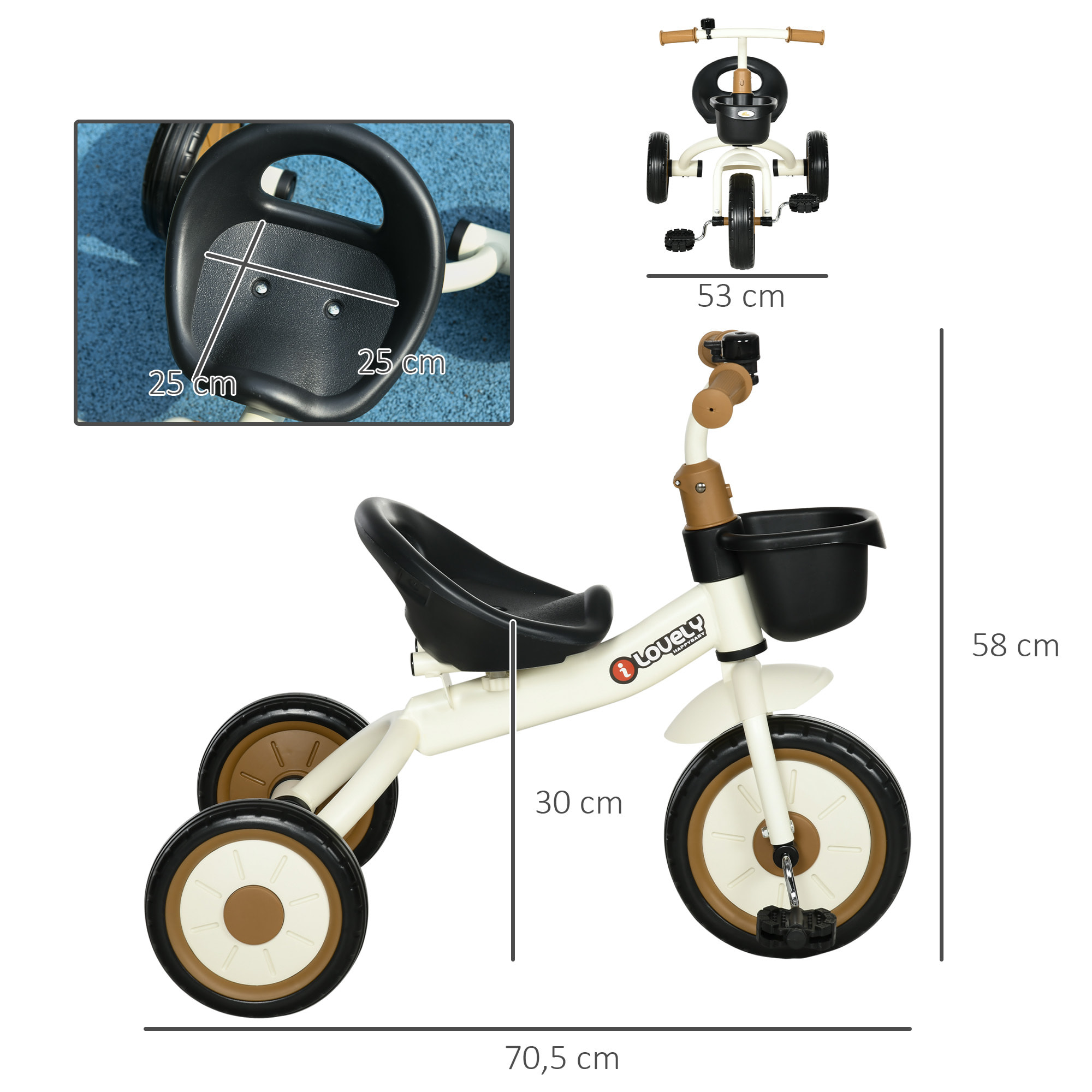 Triciclo para Niños de 2 a 5 Años Bicicleta Infantil con Asiento Ajustable Cesta Timbre Pedales y 3 Ruedas Carga 25 kg 70,5x50x58 cm Crema