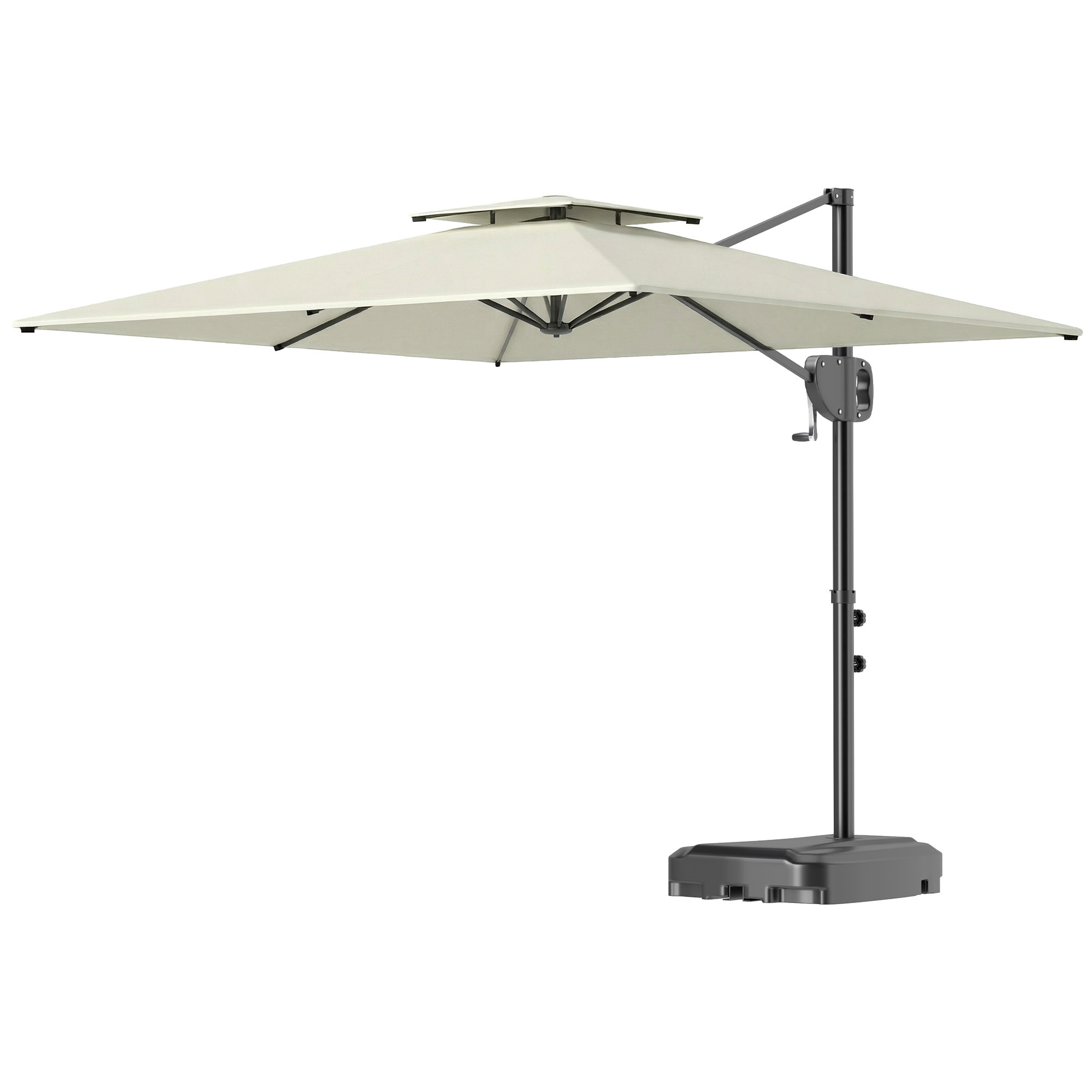 Parasol déporté carré 2,5 x 2,5 m avec base de lestage - inclinaison réglable - métal époxy tissu crème