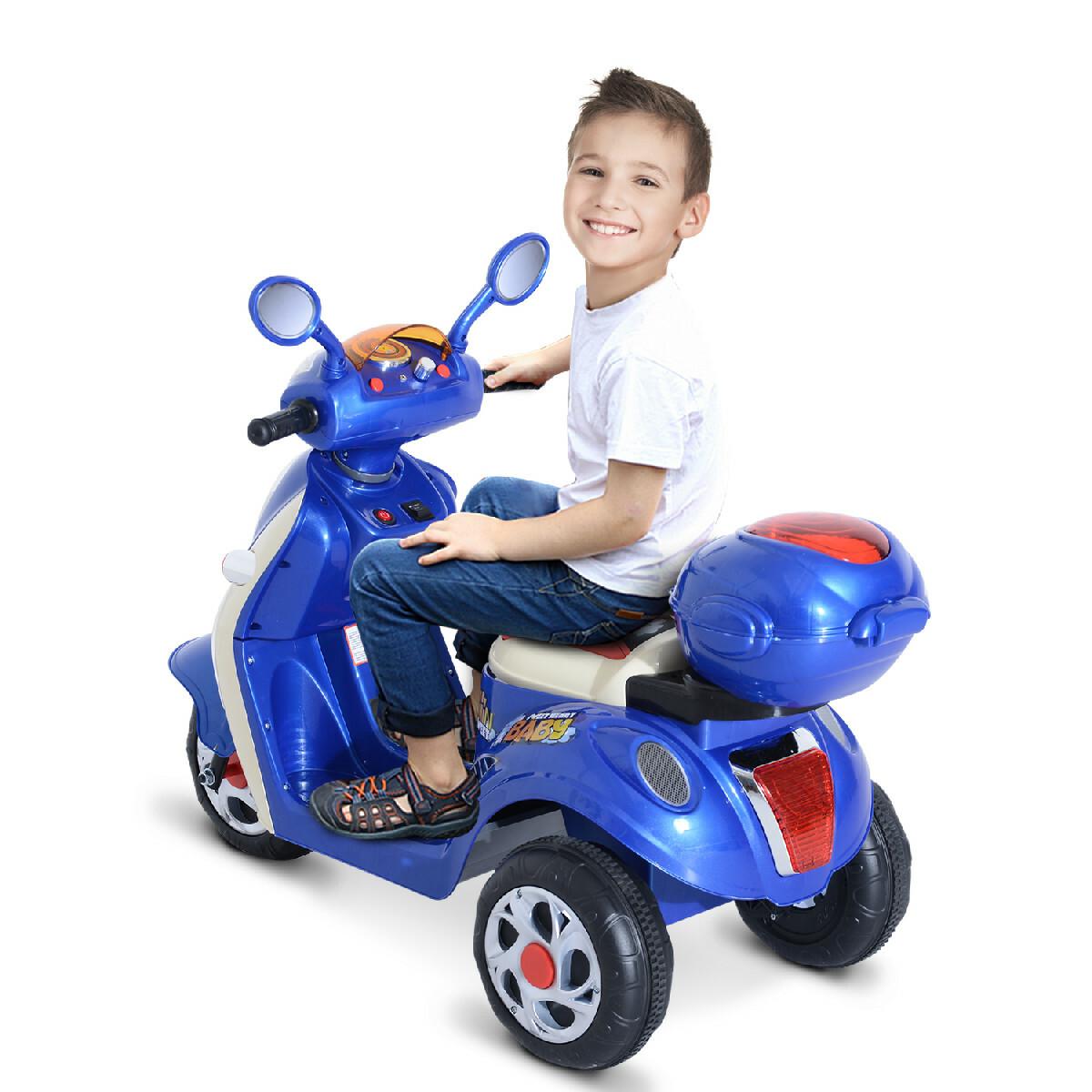 Moto scooter électrique pour enfants 6 V env. 3 Km/h 3 roues et topcase effet lumineux et sonore bleu