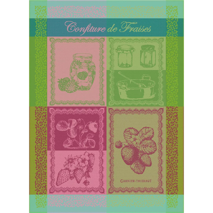 Torchon pur coton motif jacquard multicolore Confiture de fraises printemps