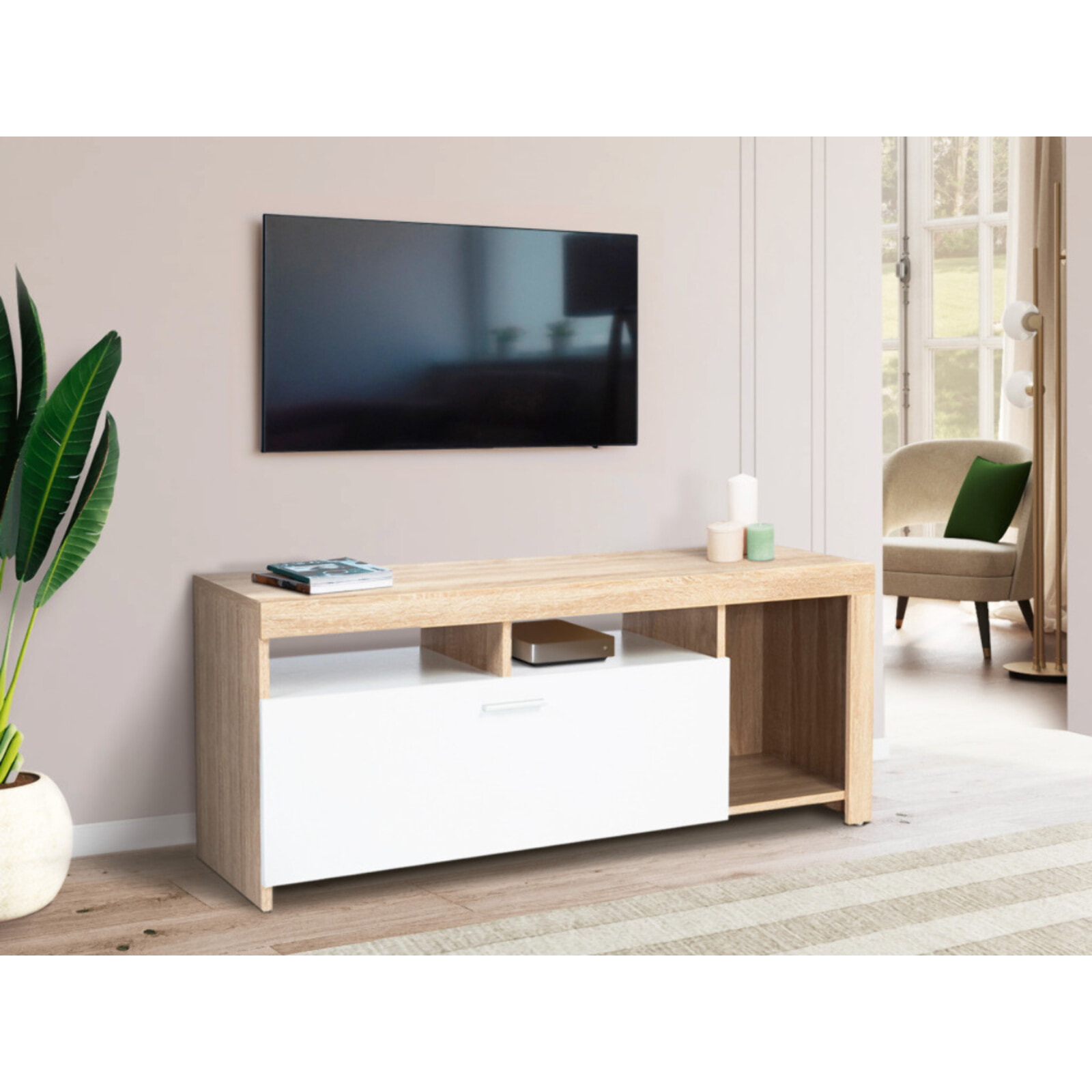 Meuble TV Maryse bois et blanc rangements multiples L110cm