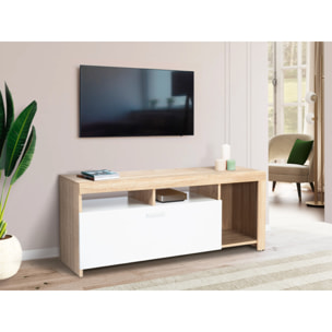 Meuble TV Maryse bois et blanc rangements multiples L110cm