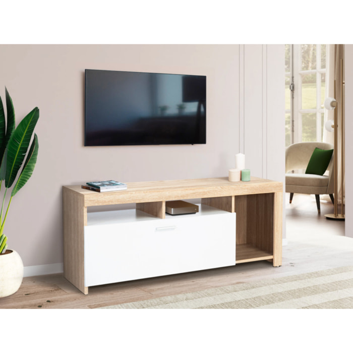 Meuble TV Maryse bois et blanc rangements multiples L110cm