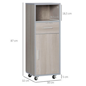 kleankin Armario de Baño con 1 Cajón 1 Puerta y Estante Abierto Mueble Auxiliar de Almacenaje con Ruedas para Salón Cocina Dormitorio Antivuelco 30x32x87 cm Gris