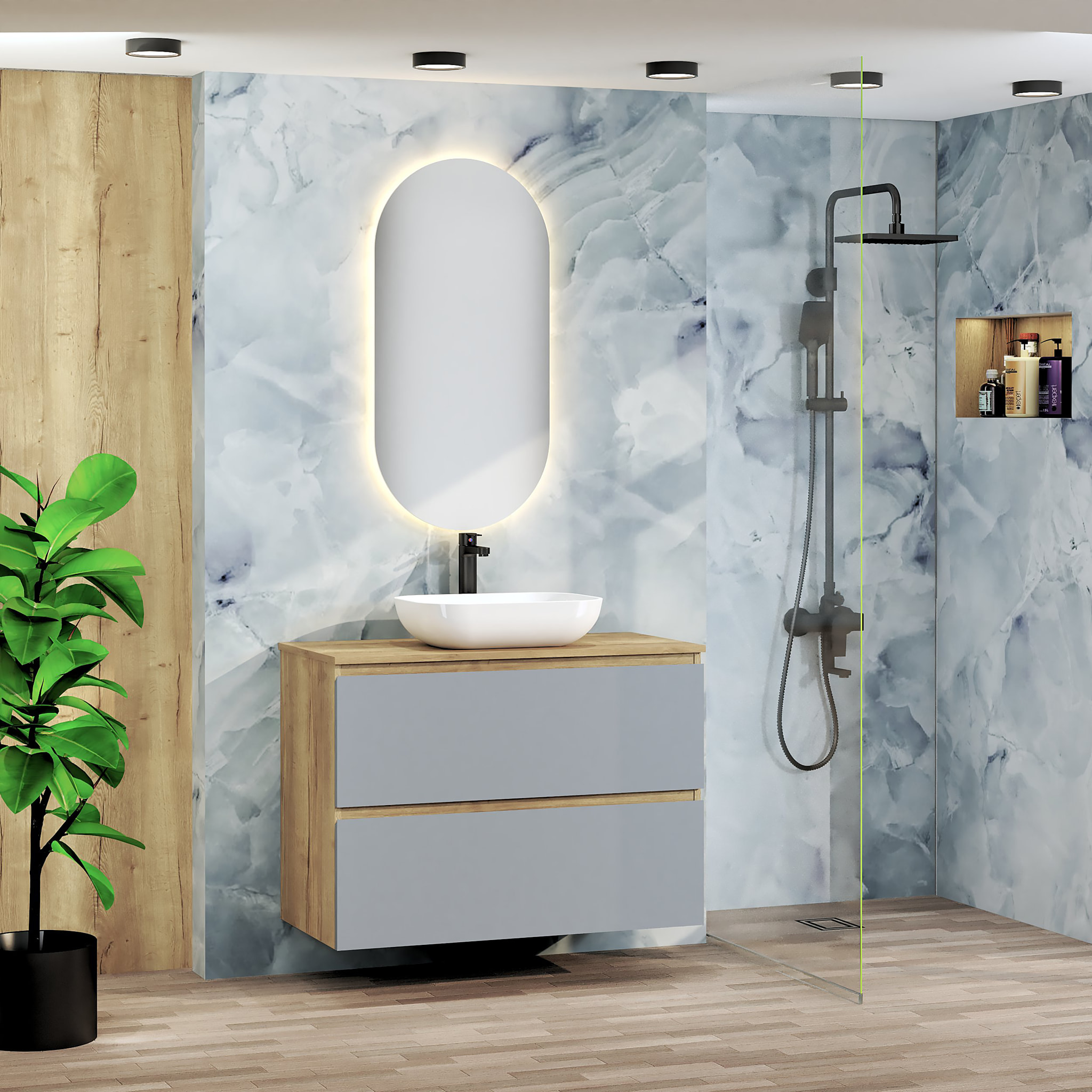 Conjunto de Baño Nia | Mueble Suspendido | 90 cm Azul | Dos Cajones | Lavabo Sobrepuesto | No incluye Espejo | Mueble Montado| Alday