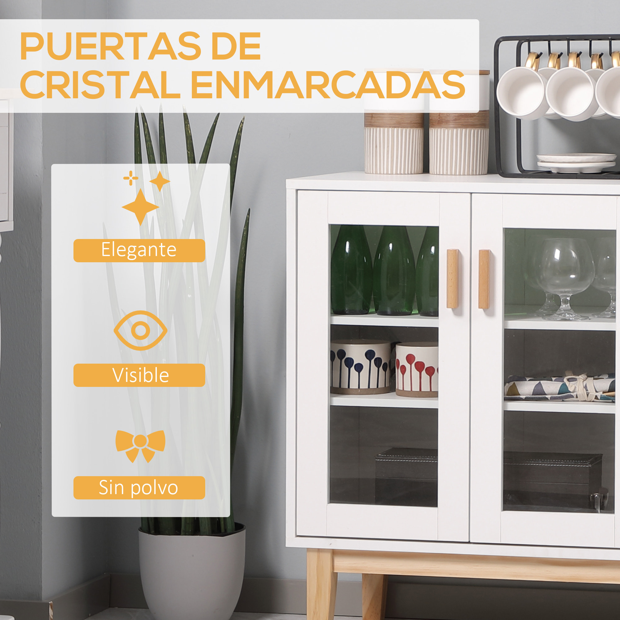 Aparador de Cocina Mueble Buffet Auxiliar con 3 Puertas de Vidrio y Botellero en Forma X para 4 Botellas para Comedor Estilo Moderno Antivuelco 90x37x75 cm Blanco