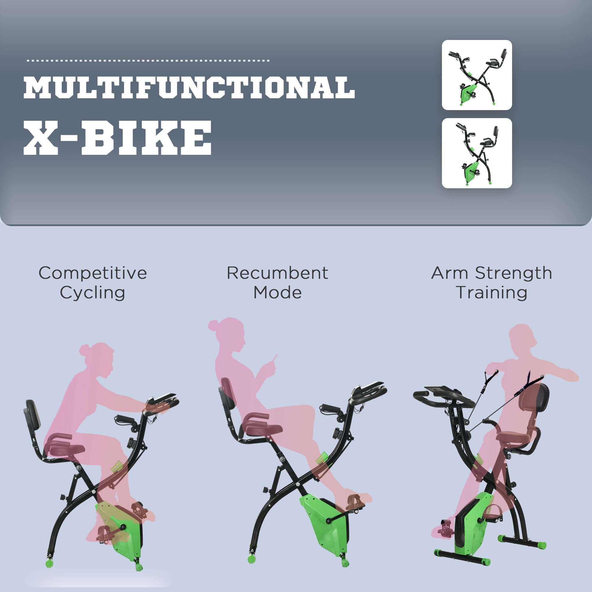 Vélo d'appartement pliant 8 niveaux de résistance magnétique dossier selle réglable poignées ergonomiques écran LCD multifonction suspensions support tablette acier vert noir