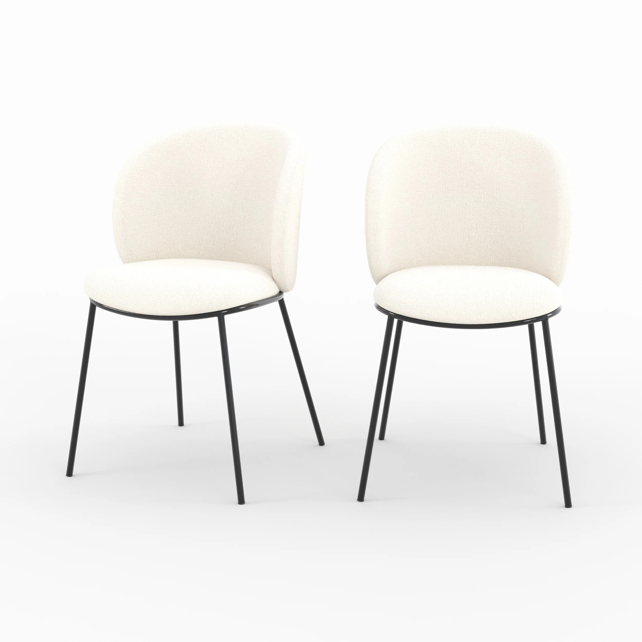 Lot de 2 chaises en tissu doux blanc, pieds métal noir - Bulle