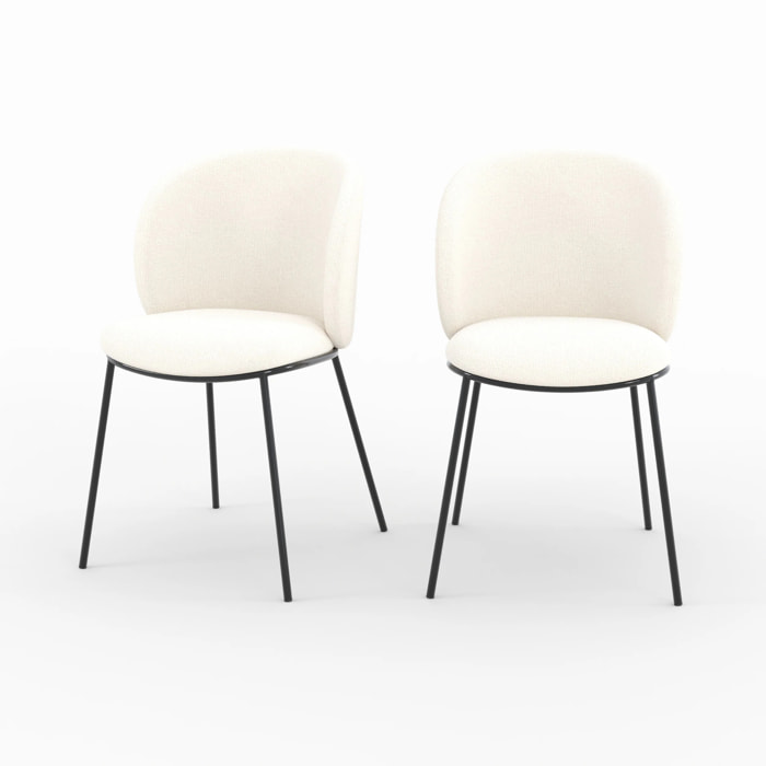 Lot de 2 chaises en tissu doux blanc, pieds métal noir - Bulle