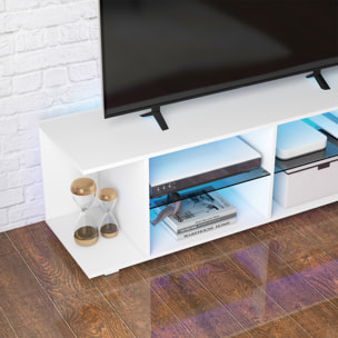 Meuble banc TV sur pieds avec lumières LED - 2 étagères en verre trempé pour télévision jusqu'à 60 pouces style contemporain - 145 x 40 x 45 cm blanc