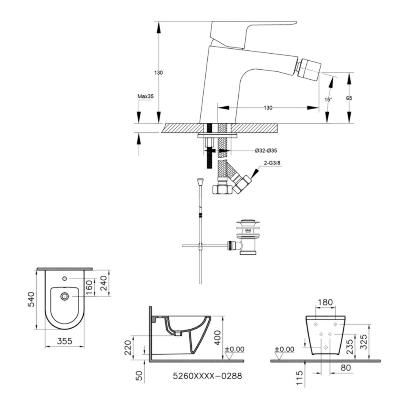 Vitra Integra bidet suspendu 35,5x54 cm + trop-plein + Optima Cube Way by Siko Mitigeur bidet (7042-0288CU235)