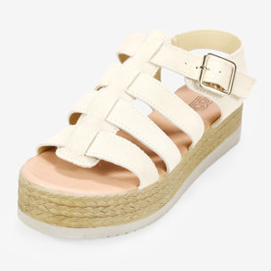 Sandalias de piel beige cangrejeras con plataforma de esparto