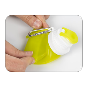 Mini bottiglia pieghevole avvolgibile da 320ml, in silicone per alimenti. Con moschettone.