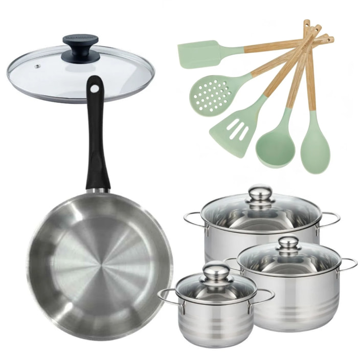 Lot Poêle et 3 Faitouts Fackelmann Généva avec 5 ustensiles Océan