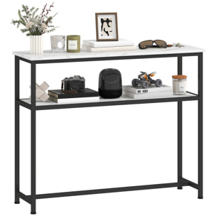 Mesa Consola Moderna Consola Recibidor Estrecha con Superficie con Efecto Mármol Estante Abierto y Marco de Metal Mesa de Sofá para Entrada Sala de Estar 100x30x81 cm Blanco