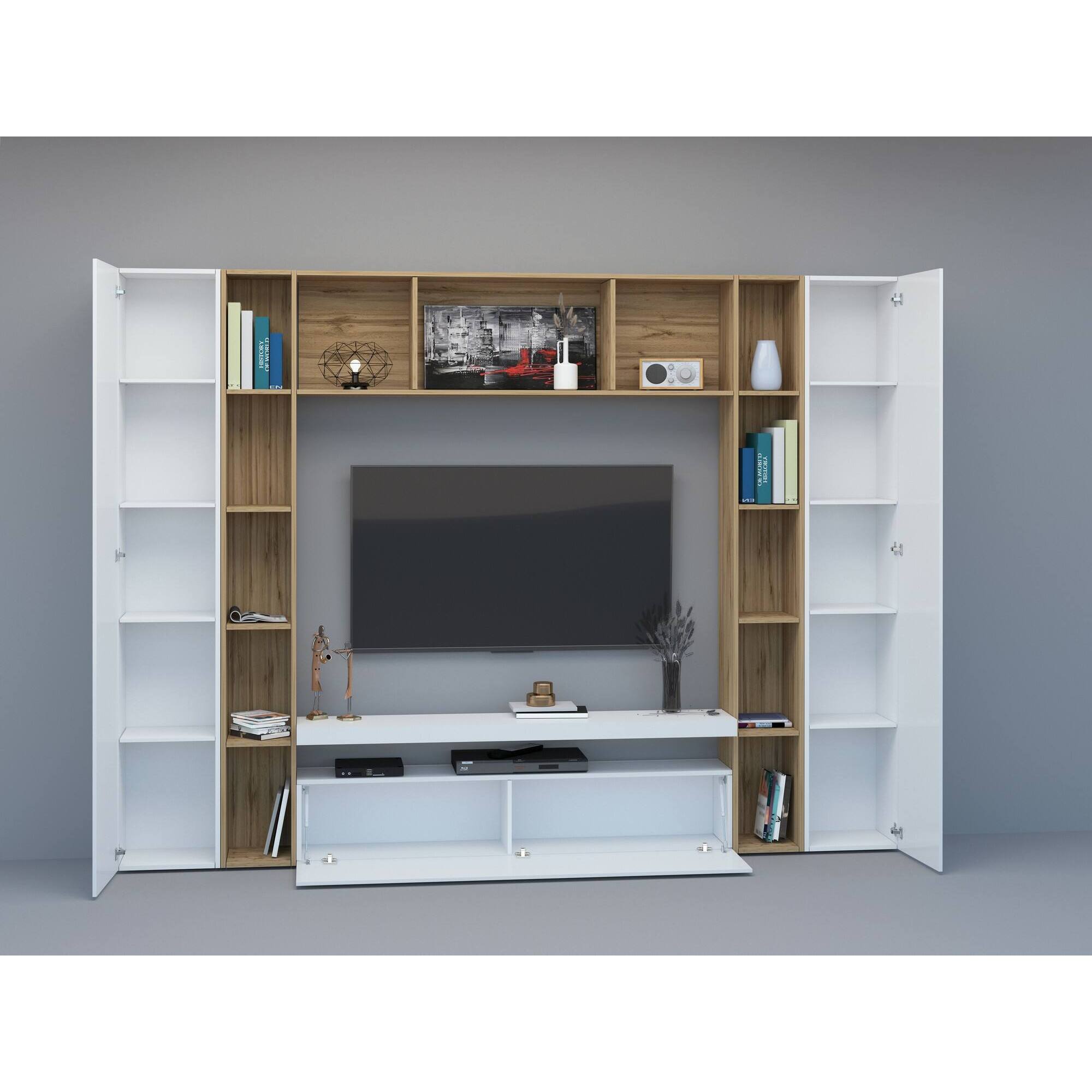 Parete attrezzata Gilberto, Set salotto porta TV a 3 ante, Mobile soggiorno multiuso, 100% Made in Italy, cm 270x35h210, Bianco lucido e Rovere