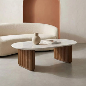Table basse ovale bois d'hévéa plateau effet pierre GABRIELLE