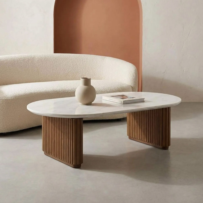Table basse ovale bois d'hévéa plateau effet pierre GABRIELLE
