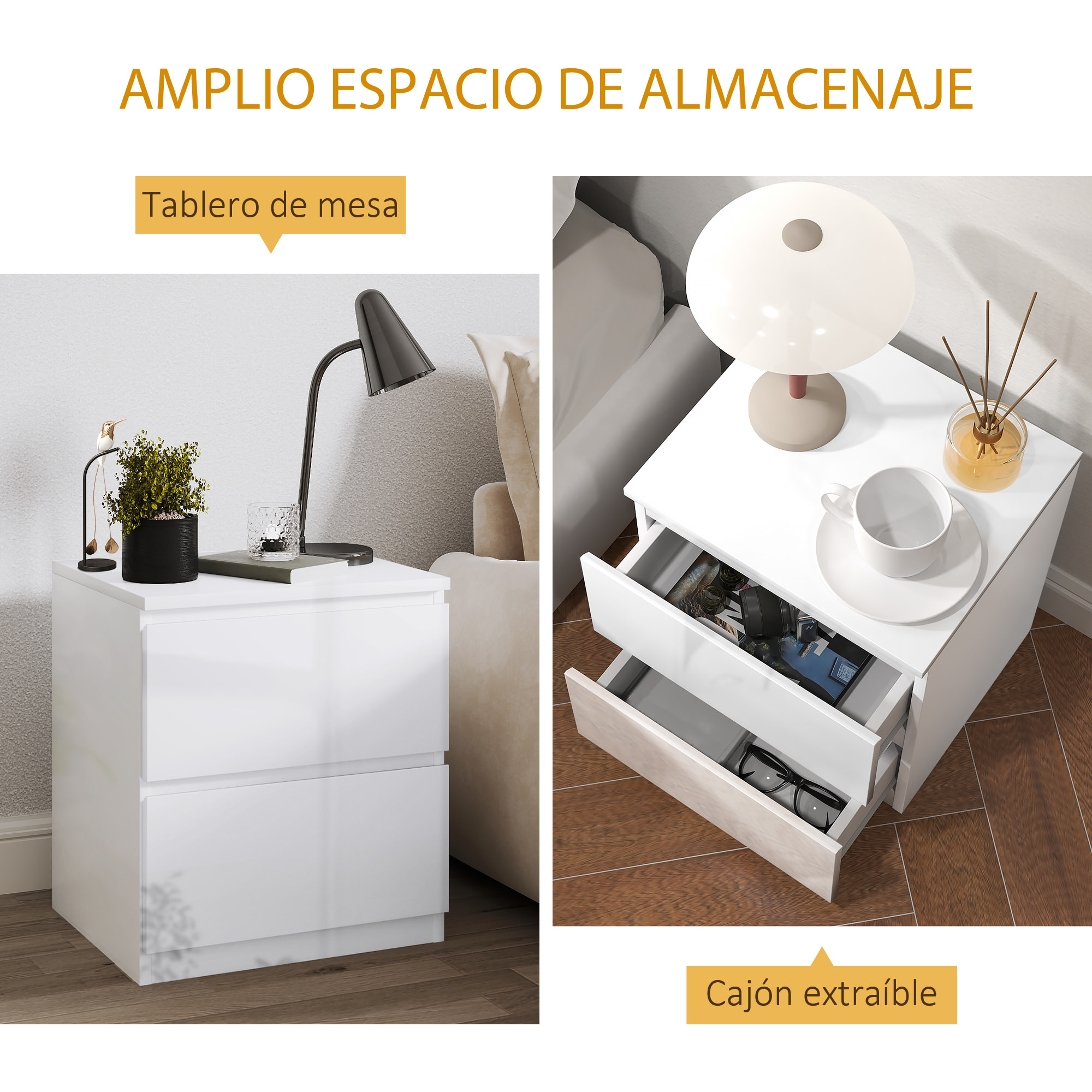 Mesita de Noche Moderna Mesilla de Noche con 2 Cajones Mesa de Noche para Dormitorio Salón 40x34x45 cm Blanco Brillo