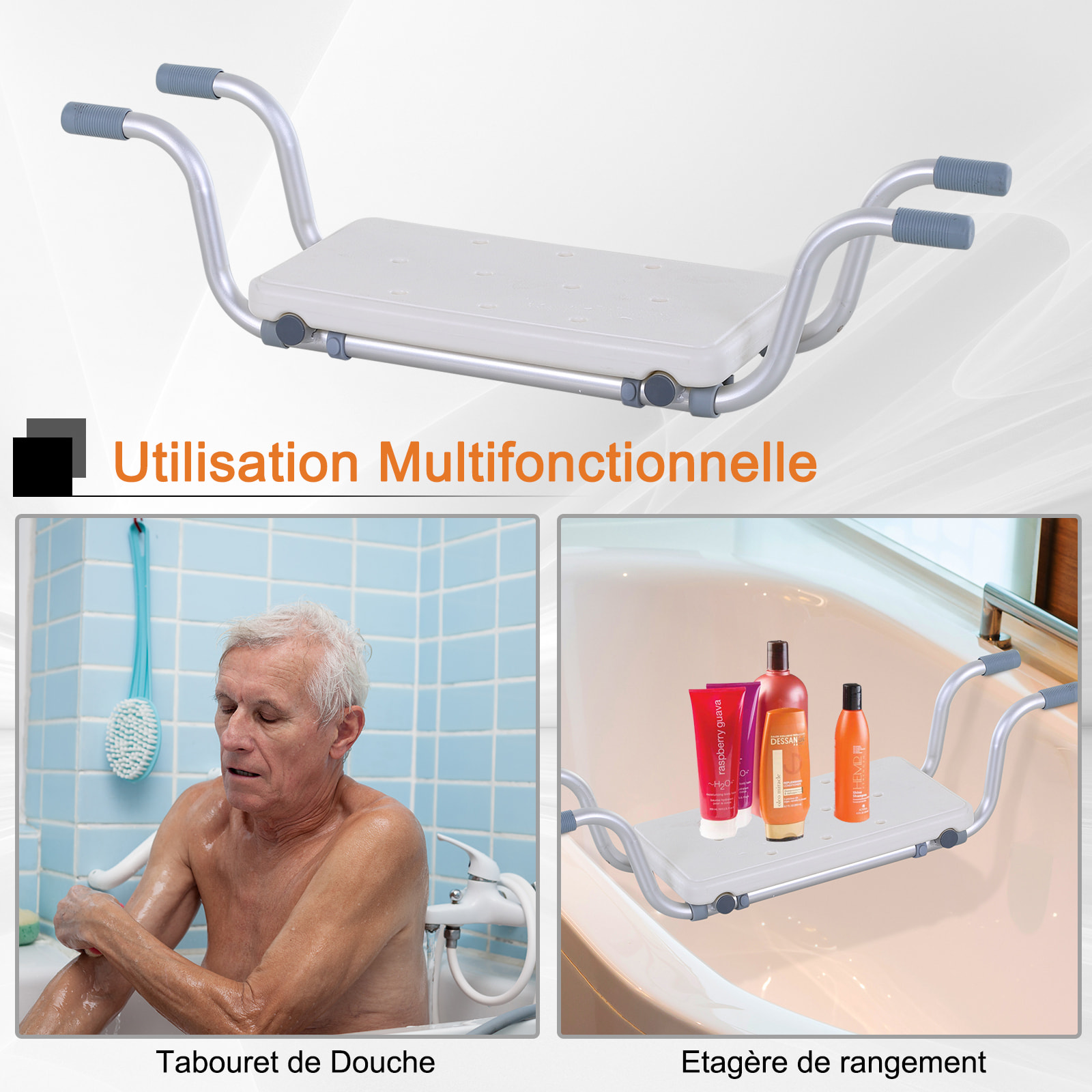 Siège de baignoire - siège de bain suspendu réglable - tabouret de salle de bain - dim. 71-81L x 22l x 18H cm - alu. HDPE blanc