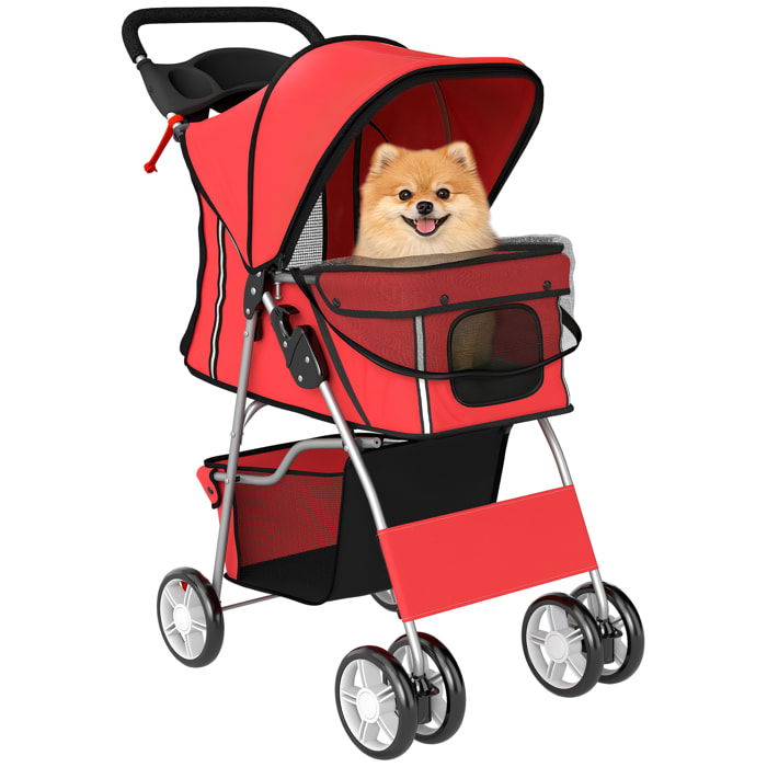 Carrito para Perros Plegable, Cochecito para Perros Pequeños con Cesta de Almacenaje, Ventanas de Malla, Portavasos, Ruedas de EVA, Cojín Lavable, Frenos, Carga 10 kg, 77x44x102 cm, Rojo
