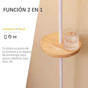 HOMCOM Lámpara de Pie con Estante de Madera Pantalla de Tela Casquillo E27 Máx. de 40W y Interruptor de Pie Moderno para Salón Dormitorio Estudio Ø35x155 cm Blanco