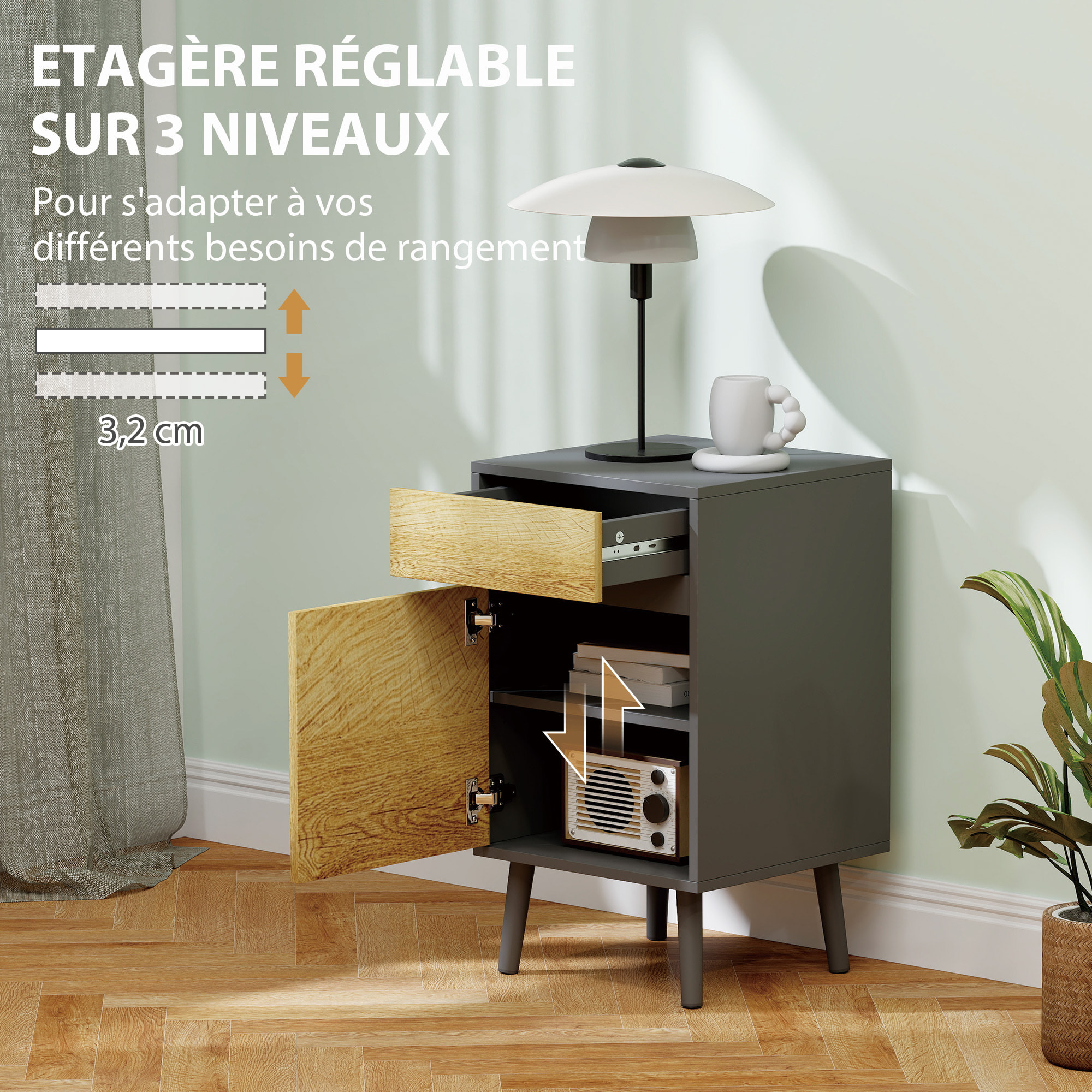 Lot de 2 chevets tables de nuit dim. 40 x 39 x 69 cm - tiroir, porte, étagère - piètement bois effet bois gris