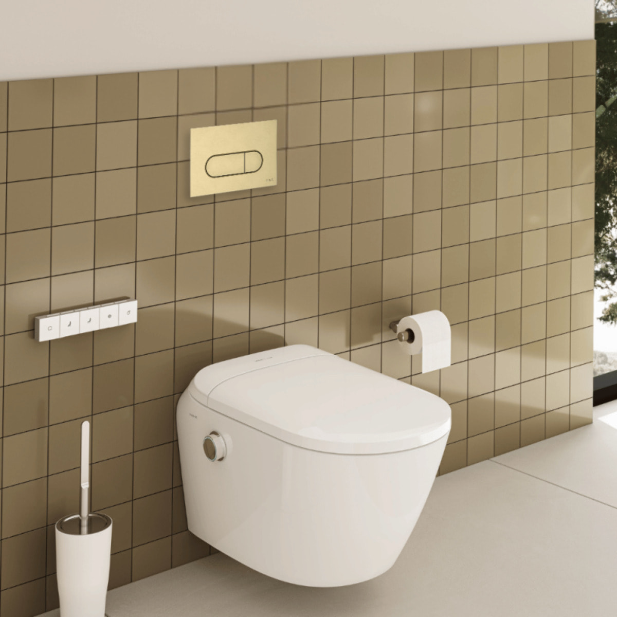 Pack WC lavant suspendu sans bride avec abattant et attentes électriques V-Care Ultra blanc + bâti autoportant V-Fix Easy + plaque or brossé