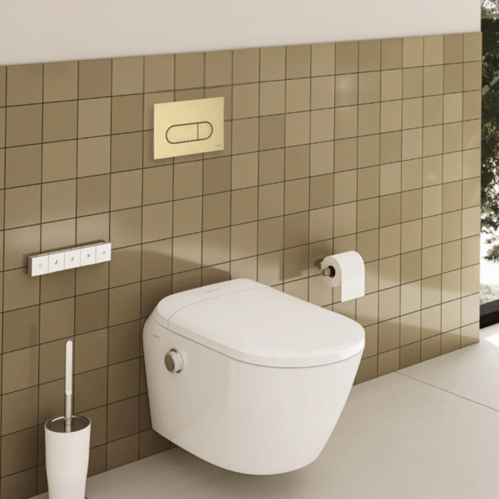 Pack WC lavant suspendu sans bride avec abattant et attentes électriques V-Care Ultra blanc + bâti autoportant V-Fix Easy + plaque or brossé