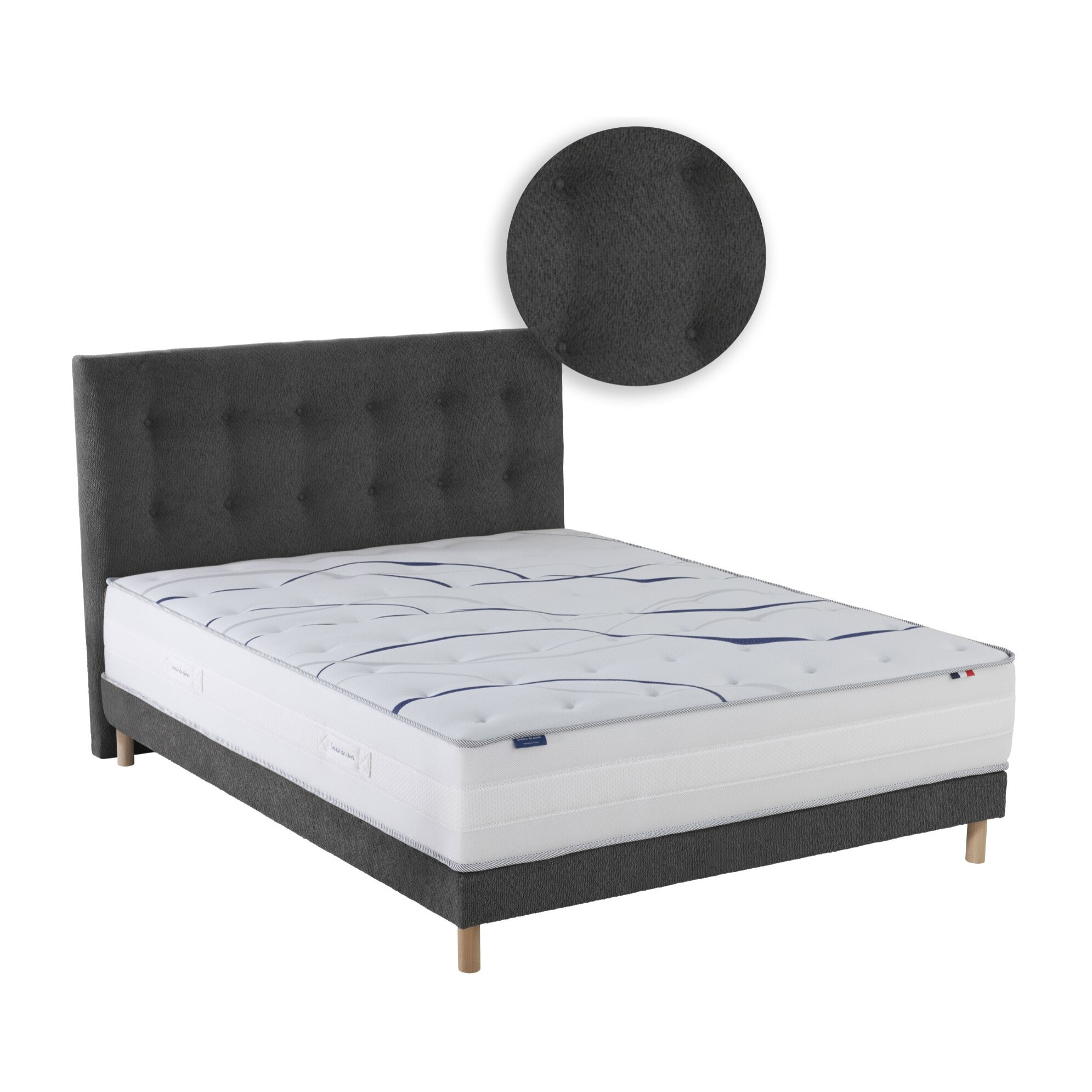 Ensemble matelas mémoire de forme MEMORIA avec sommier et tête de lit, chenille bouclettes gris anthracite