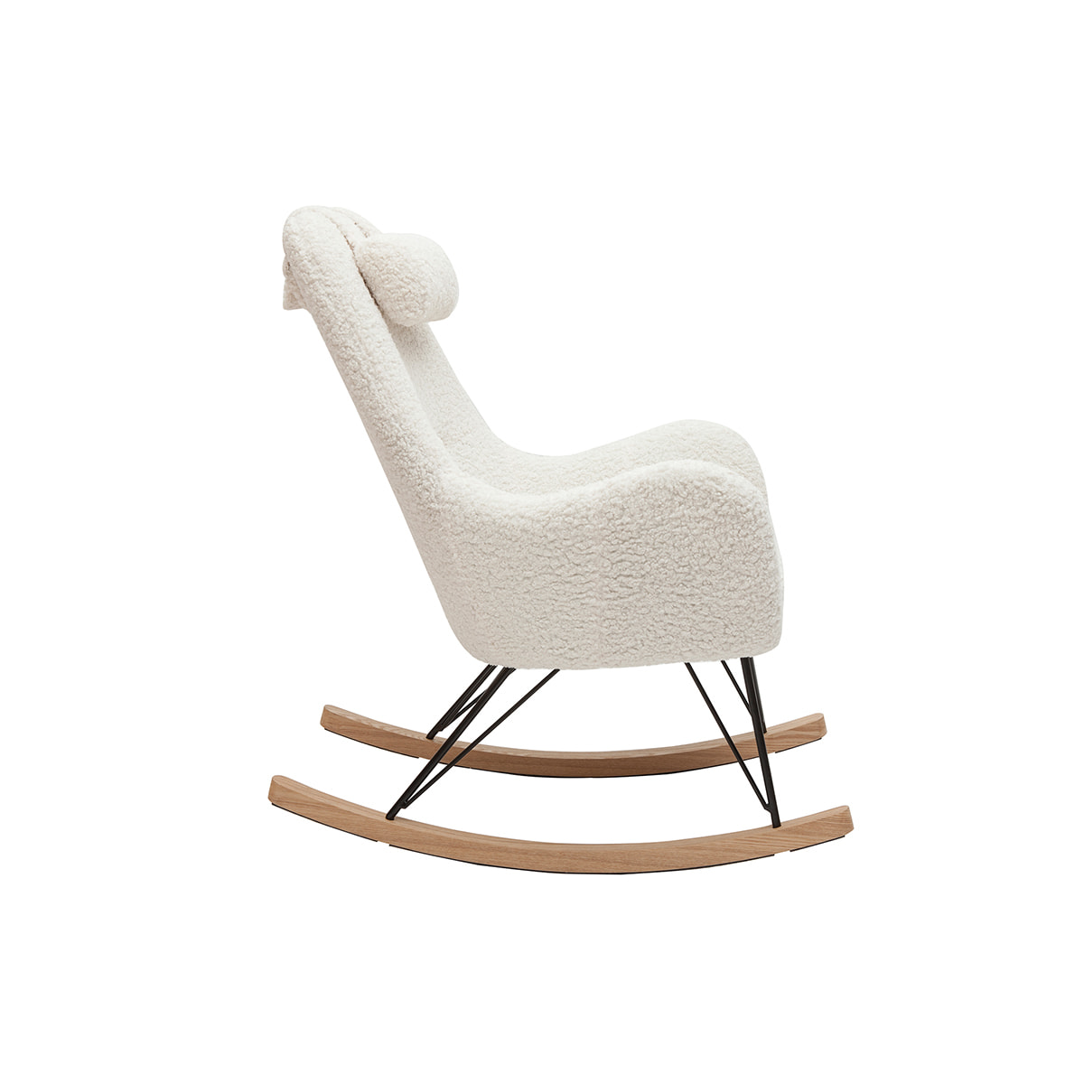 Rocking chair scandinave en tissu effet peau de mouton blanc, métal noir et bois clair MANIA