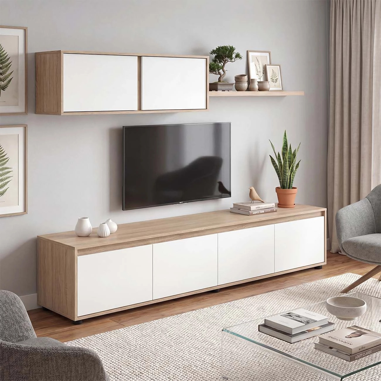 Salón con mueble de TV y estantería en roble canadian y blanco artik 200 cm Arlet Roble Canadian - Blanco Artik (Blanco Mate)