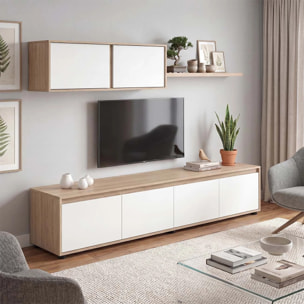 Salón con mueble de TV y estantería en roble canadian y blanco artik 200 cm Arlet Roble Canadian - Blanco Artik (Blanco Mate)