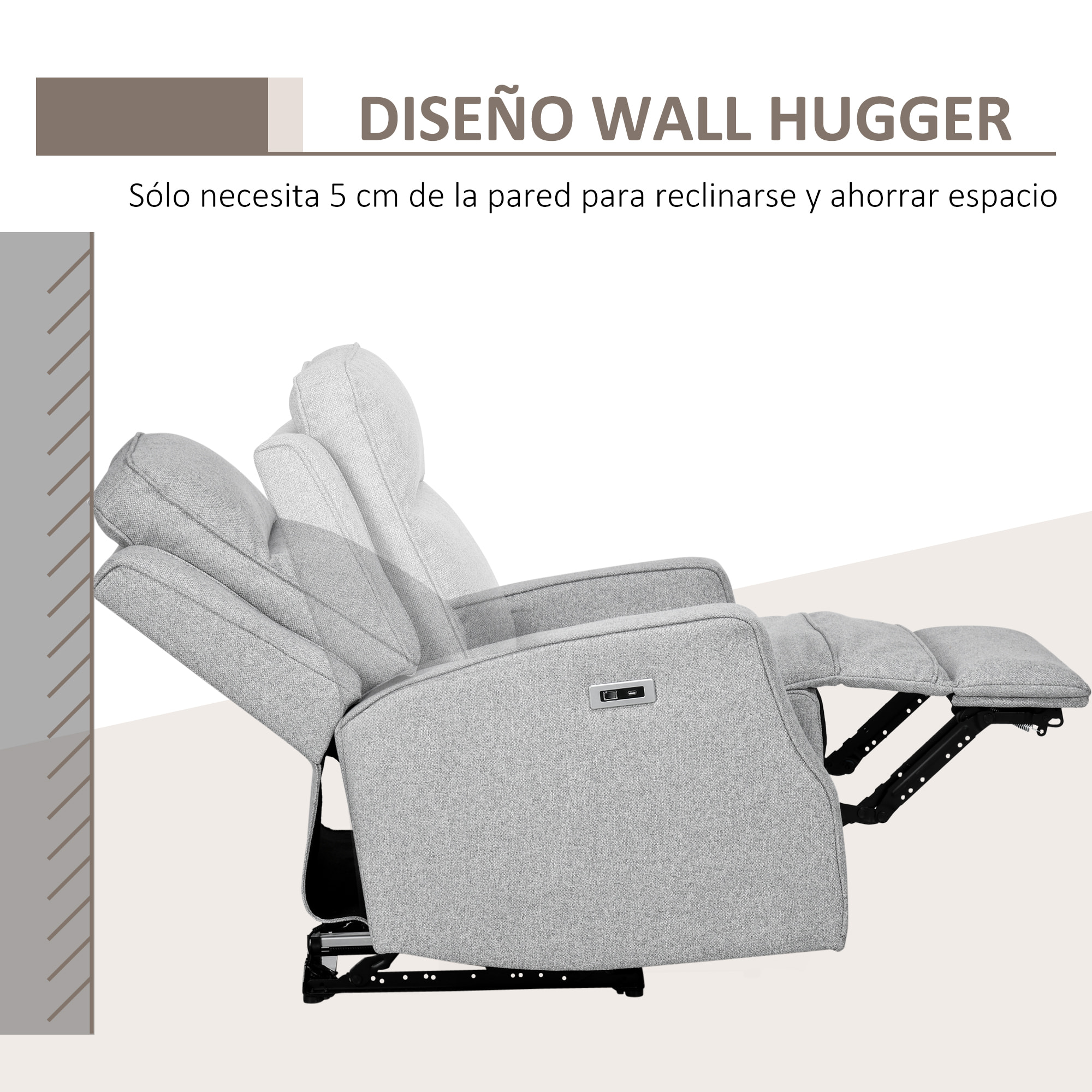 HOMCOM Sillón Reclinable Eléctrico Sillón Relax de Salón con Reclinación hasta 150° Reposabrazos y USB Carga 136 kg Sofá Reclinable para Salón Oficina Dormitorio 84x92x104 cm Gris