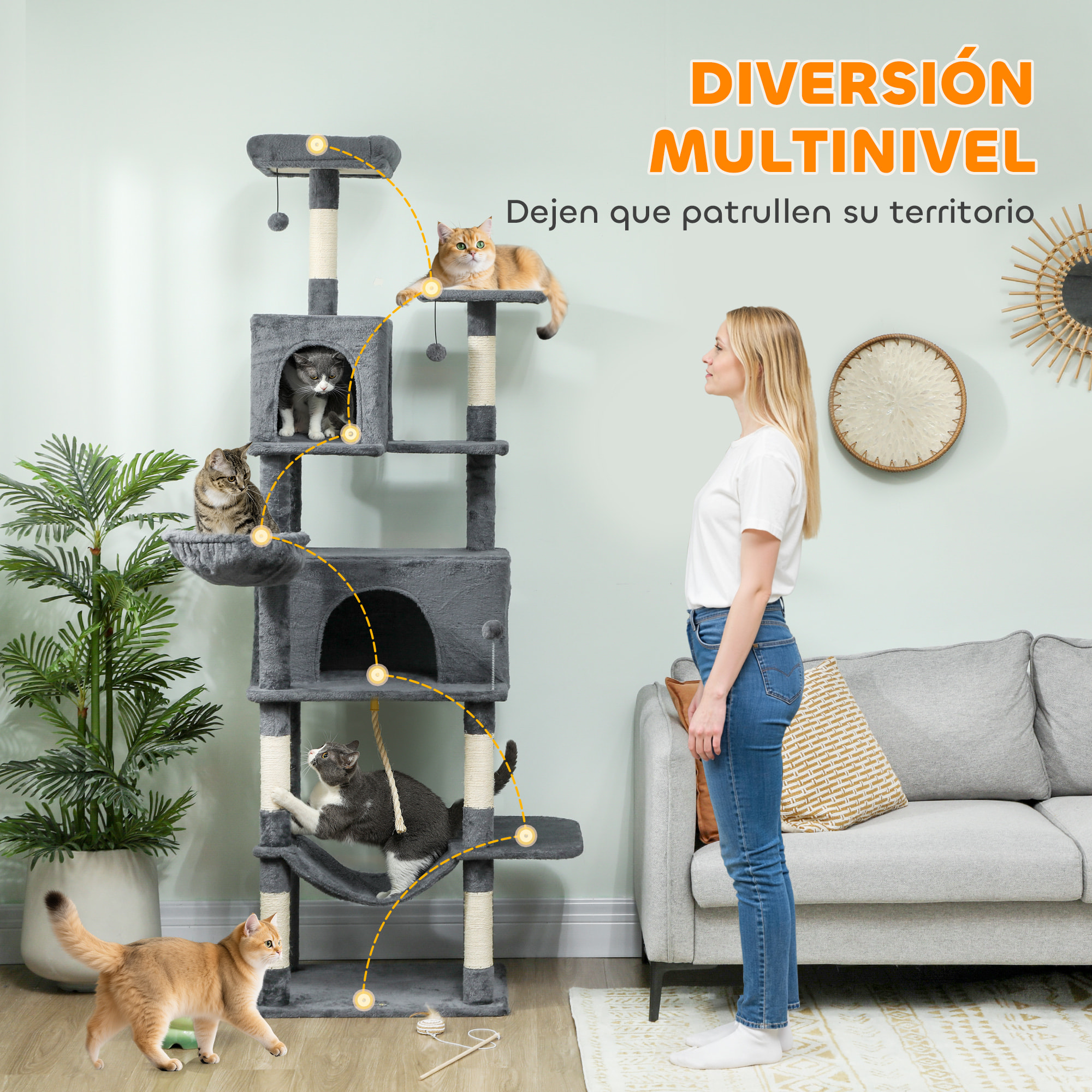 Árbol Rascador para Gatos, Árbol para Gatos 202 cm, Torre Escalador con Plataformas, Cama, Cuevas, Postes de Sisal, Bolas y Cuerda para Jugar, Gris Oscuro
