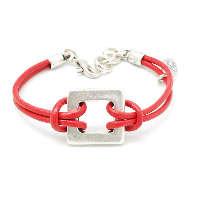 Pulsera cuero rojo y cuadrado plata chapado plateado