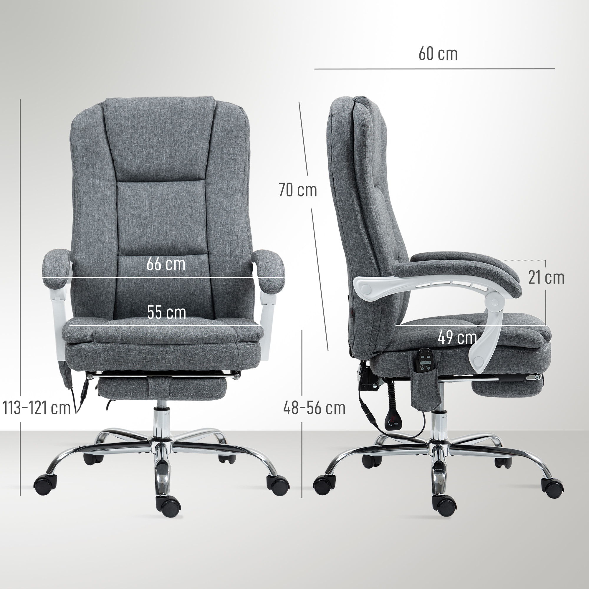 Fauteuil de bureau massant chauffant inclinable repose-pieds rétractable tissu toucher lin gris