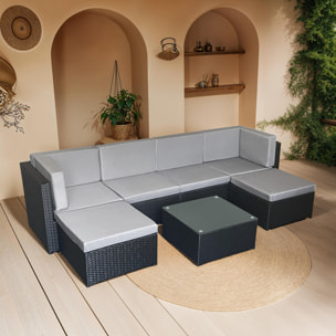 Salon de jardin BONIFACIO en résine tressée noir 6 places - coussin gris